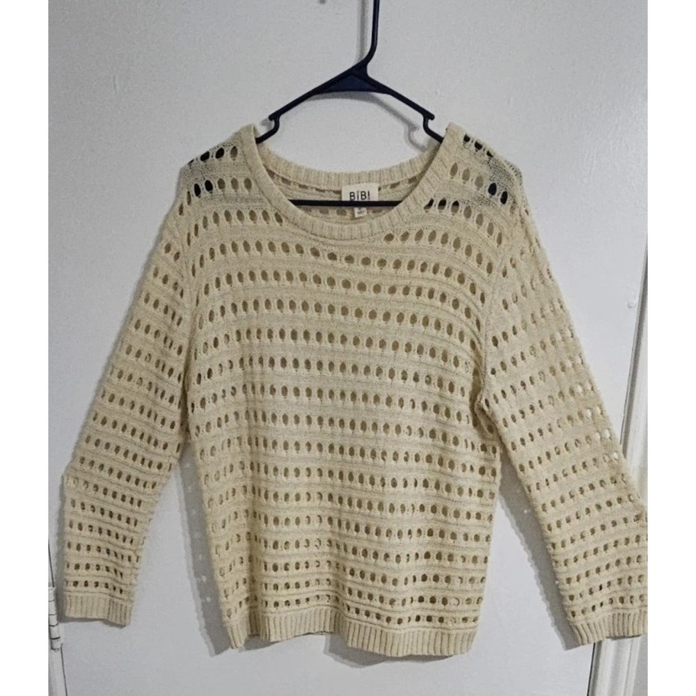 Bibi Womens Perforated Sweater Extra Large Ovory Festival Crochet Hippie Neutral - Picture 2 of 6